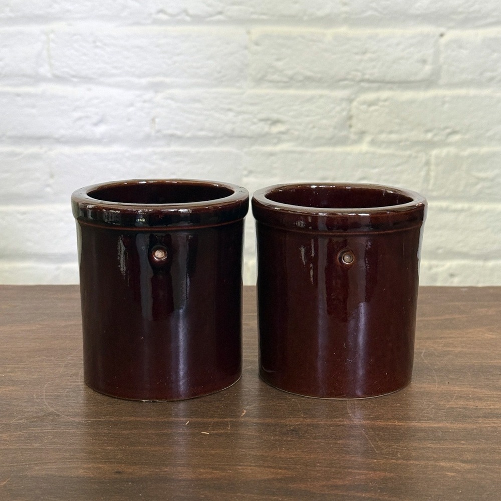 Vintage Brown Glazed Stoneware Crocks Set of 2 Primitive Pottery Jars - Picture 5 of 6